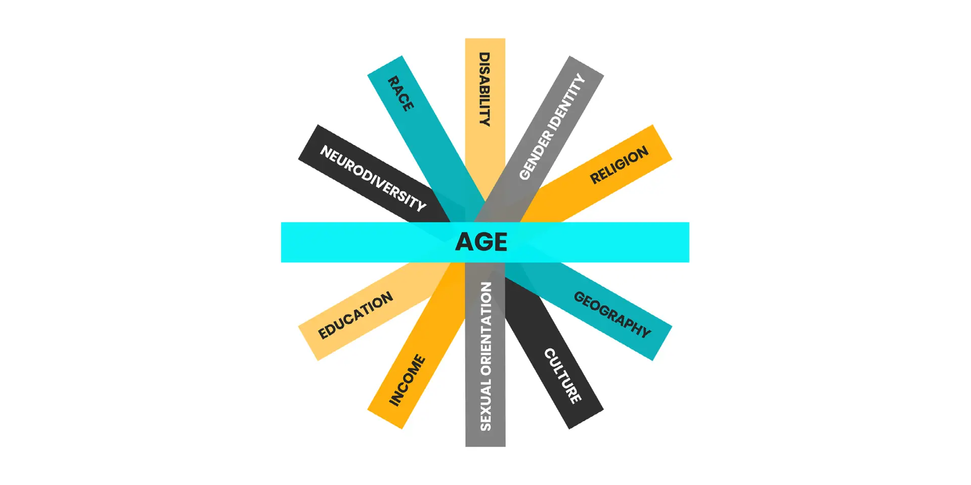 A wheel with lots of different characteristic listed and crossing over one another to represent intersectionality 