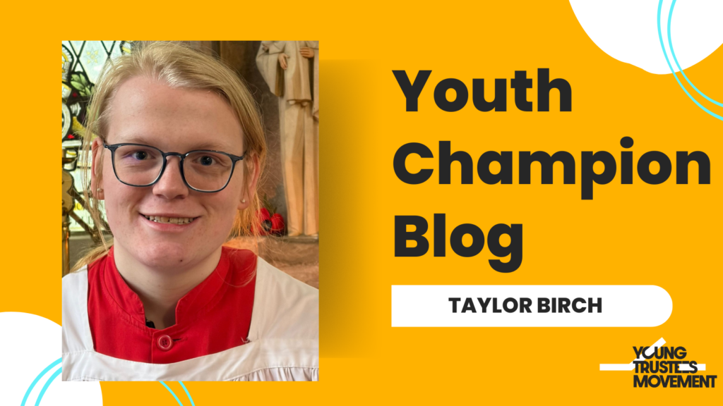 Taylor Birch smiling, wearing a white polo outfit with a red coller, pictured against a Young Trustees Movement Youth Champion Blog graphic.